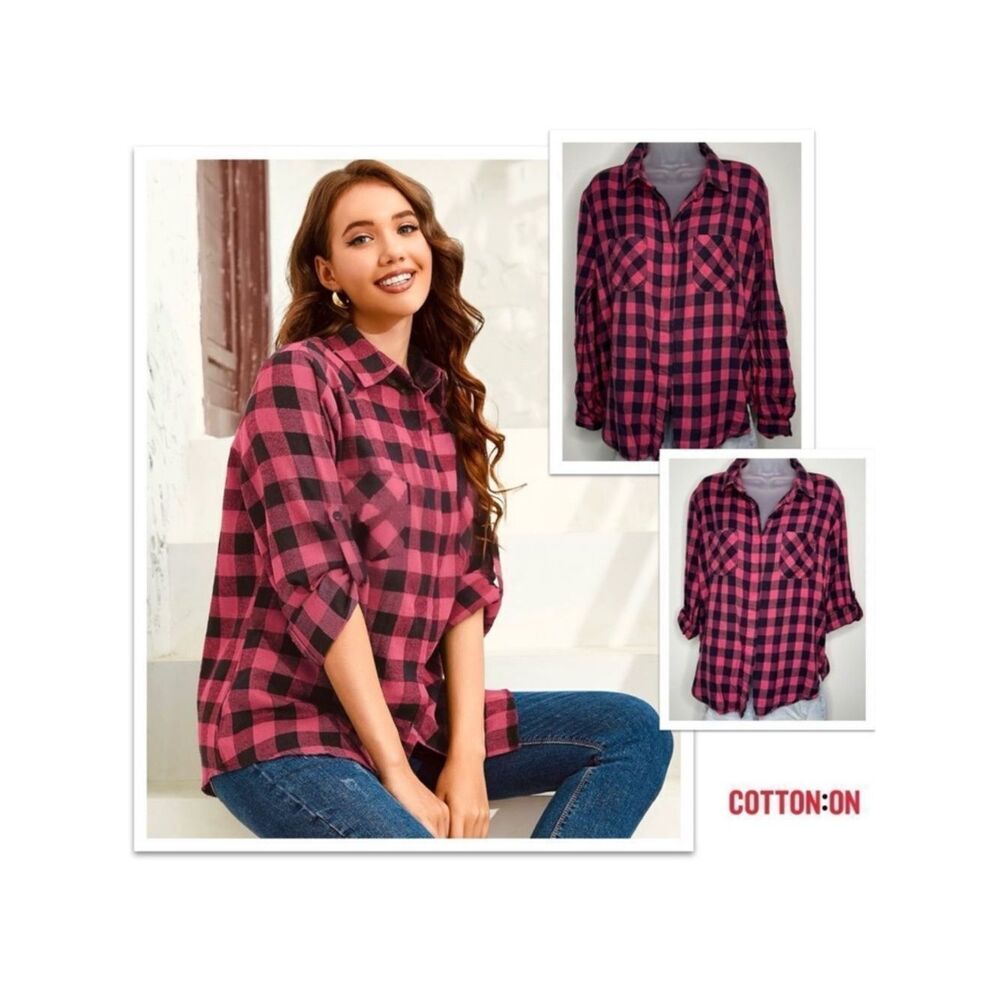 Cotton On Roll Up Long Sleeve Hidden Button Down Gingham Casual. Size Small